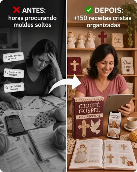 Antes: horas procurando moldes soltos. Depois: mais de 150 receitas cristãs organizadas.