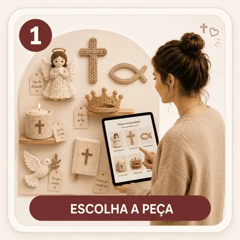 Artesã escolhendo a peça de crochê cristão no tablet, ao lado de anjinho, cruz e capa de Bíblia