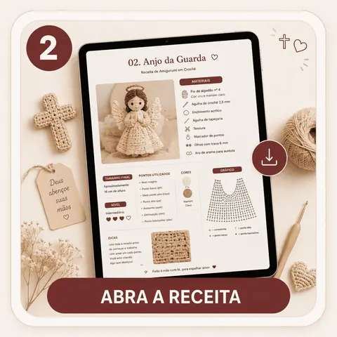 Receita de anjinho de crochê aberta no tablet, com materiais, pontos utilizados e gráfico