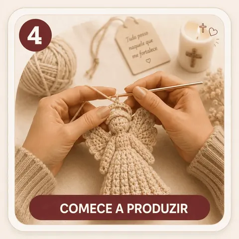 Mãos crochetando um anjinho seguindo a receita, com novelo e vela ao lado