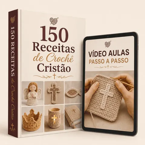 Livro com as 150 receitas de crochê cristão ao lado de um tablet com o passo a passo