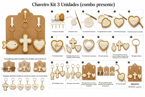Receita passo a passo de kit com três chaveiros